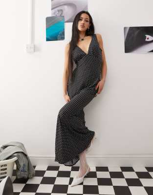 Princess Polly Plunge V Neck Sleeveless Tie Back Maxi Dress In Black Polka Dot