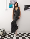 [Princess Polly] Princess Polly plunge v neck sleeveless tie back maxi dress in black polka dot 42 Black polka dot