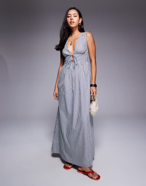 Princess Polly Pokey sleeveless deep plunge tie front maxi dress in black and white stripe - view 1