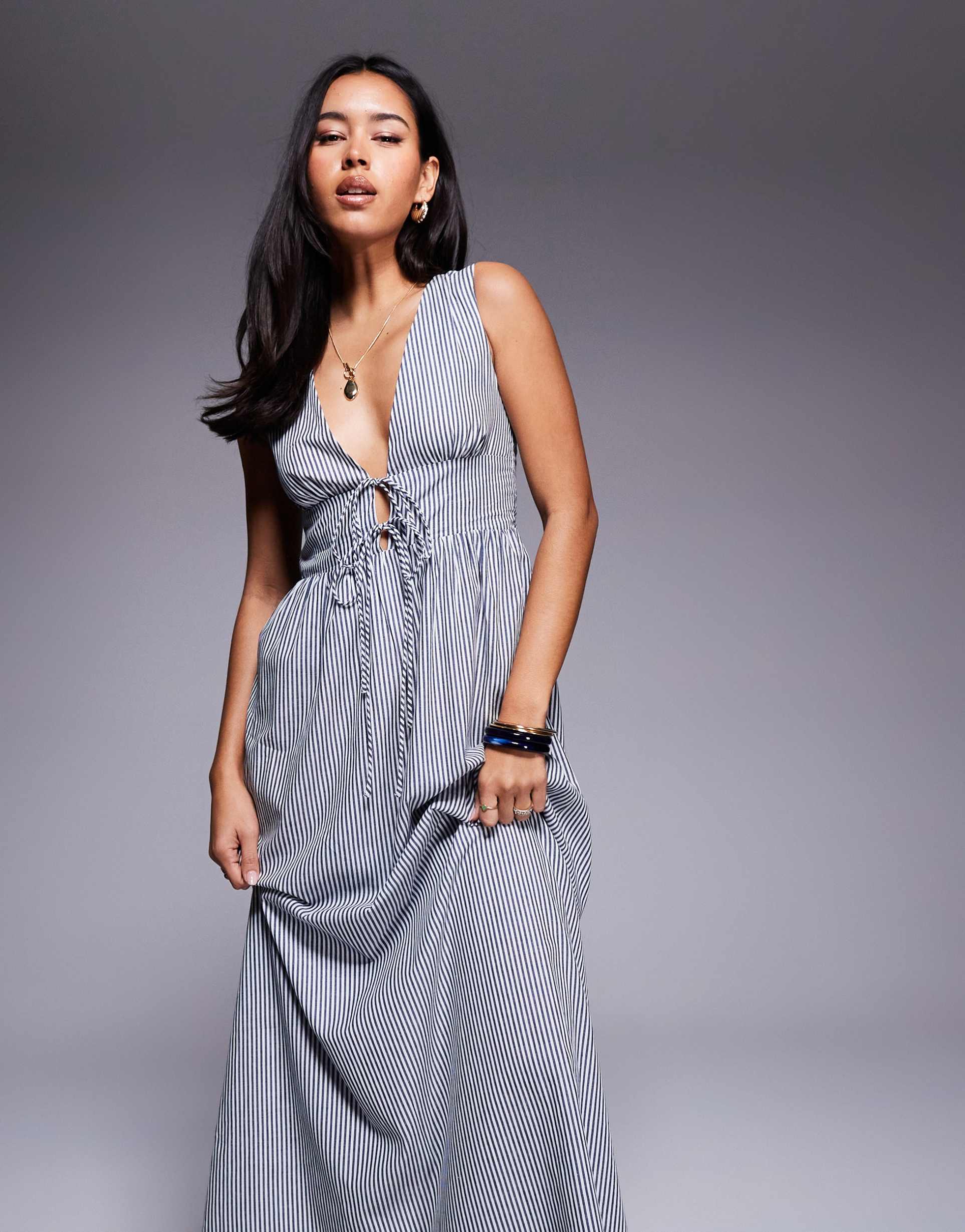 princess polly pokey sleeveless deep plunge tie front maxi dress in black and white stripe