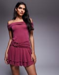 [Princess Polly] Princess Polly Primadonna bardot metal hardware detail ruffle hem open back mini dress in purple 6 Mauve