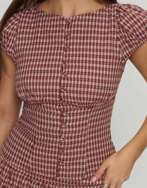Princess Polly puff sleeve button through fitted waist blouse co-ord in red  check | ASOS