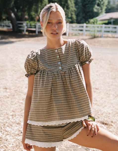 Princess Polly puff sleeve lace trim blouse top co-ord in brown check - view 1