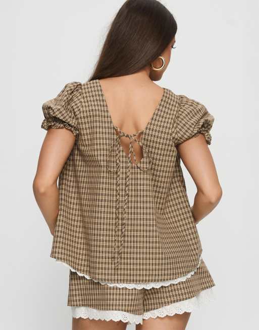 Princess Polly puff sleeve lace trim blouse top in brown plaid - part of a  set | ASOS