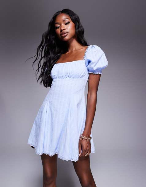 Princess Polly puff sleeve lace trim mini dress in blue - view 1
