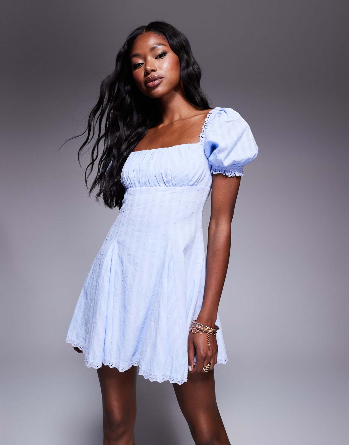 Princess Polly puff sleeve lace trim mini dress in blue