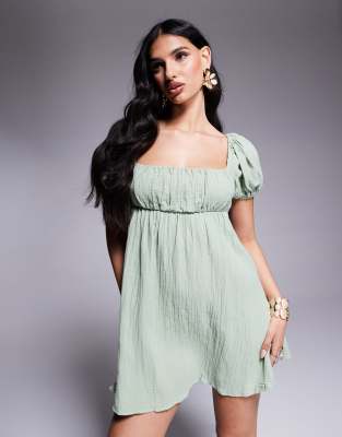puff sleeve square tie back neck floaty mini dress in sage-Green