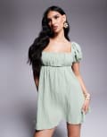 [Princess Polly] Princess Polly puff sleeve square tie back neck floaty mini dress in sage-Green 8 Sage