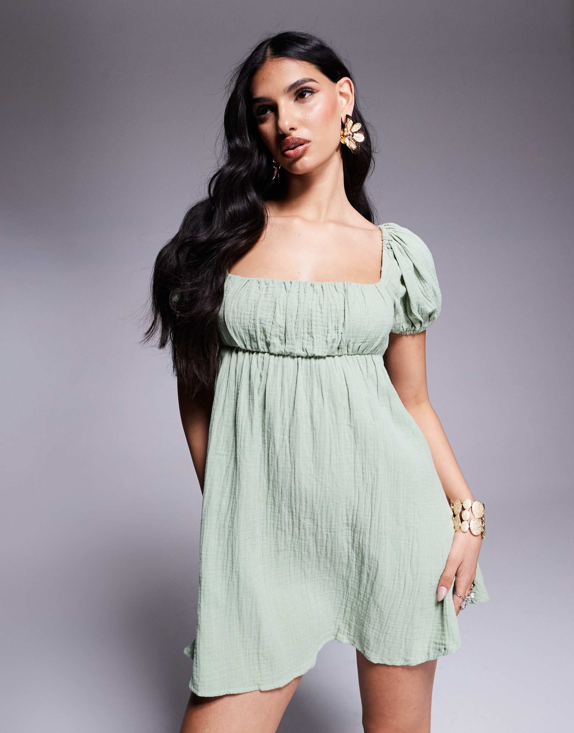 princess polly puff sleeve square tie back neck floaty mini dress in sage