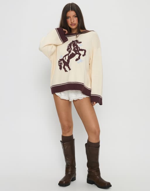 Princess Polly - Pull à bords contrastants et motif cheval - Crème, 3 de 4