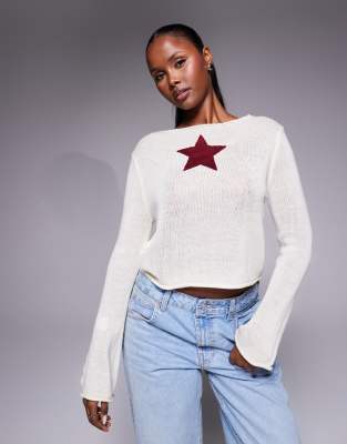 Princess Polly - Pull en maille avec manches évasées et détail étoile - Crème-Blanc
