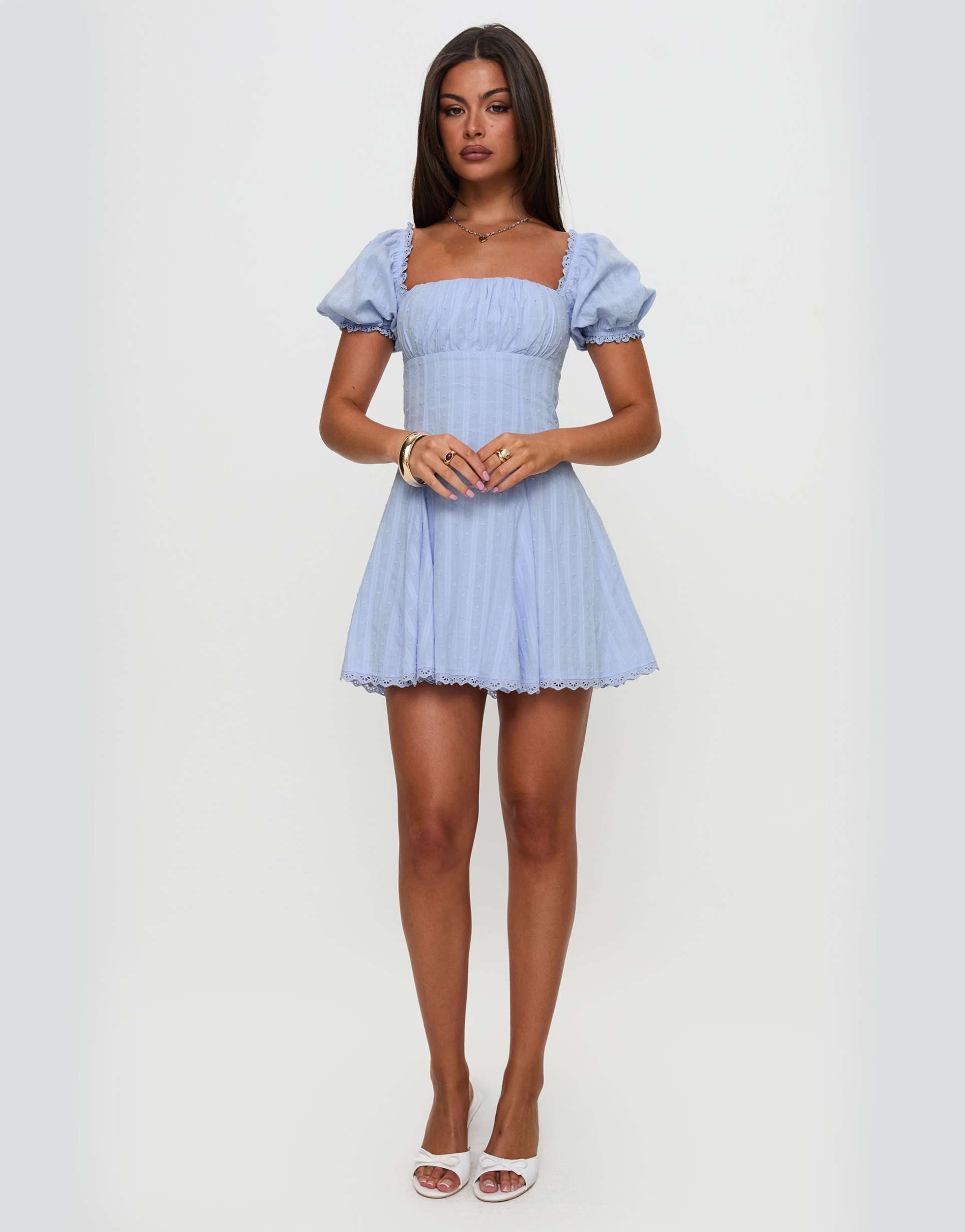 princess polly rabatia puff sleeve lace trim fit & flare mini dress in light blue