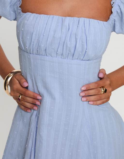 Princess Polly Rabatia puff sleeve lace trim fit & flare mini dress in light  blue | ASOS