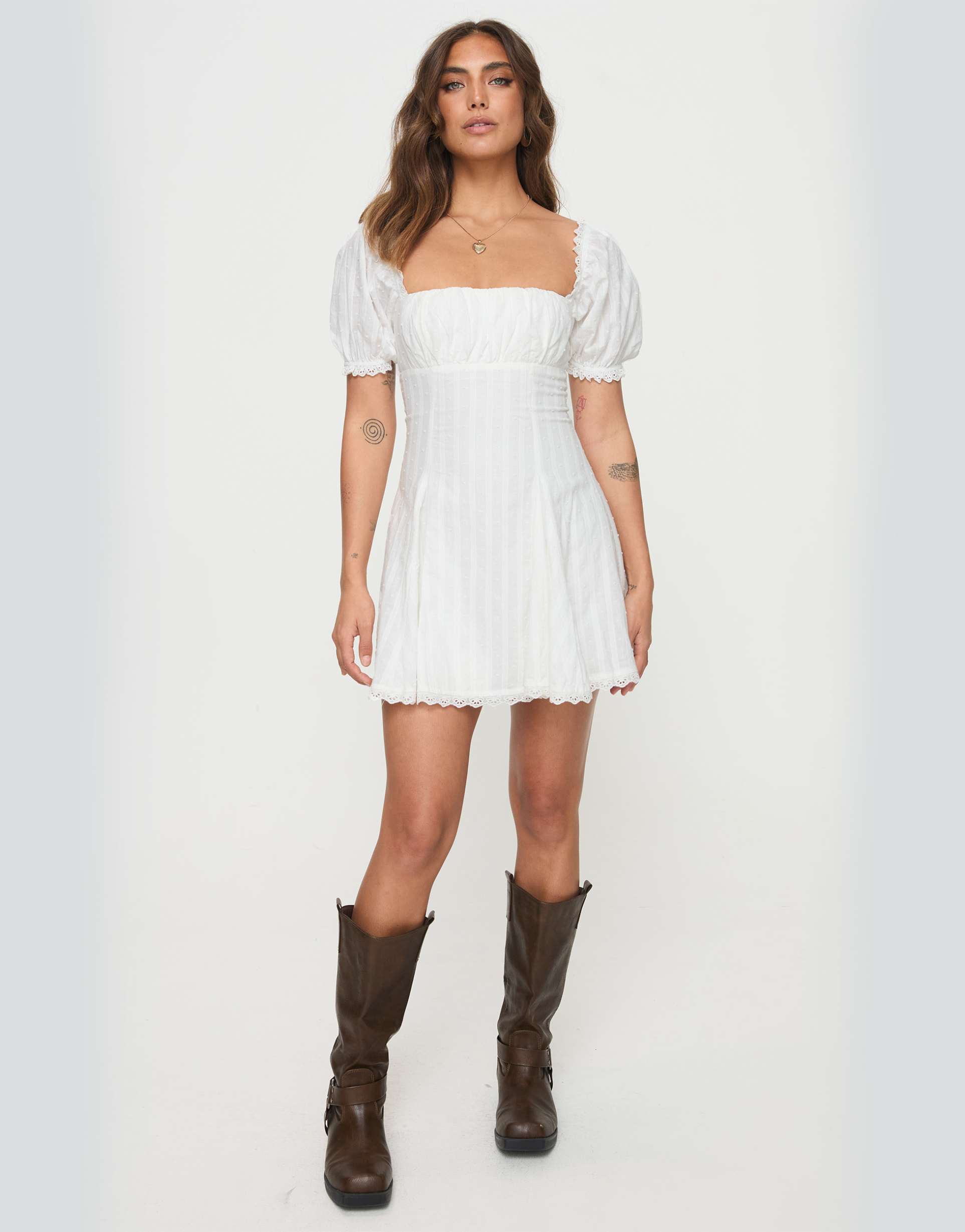 princess polly rabatia puff sleeve lace trim fit & flare mini dress in white
