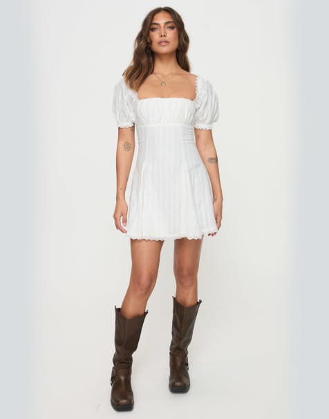 Princess Polly Rabatia puff sleeve lace trim fit & flare mini dress in white