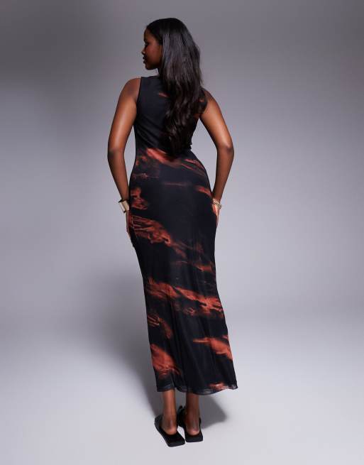 orange and black bodycon dress Princess Polly racerneck bodycon maxi dress in black & orange blurred print