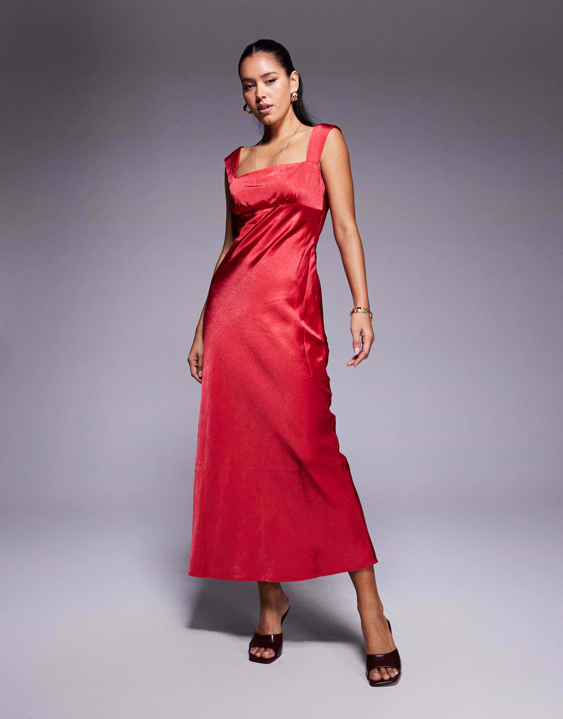 princess polly radioactive satin square neck maxi dress in red