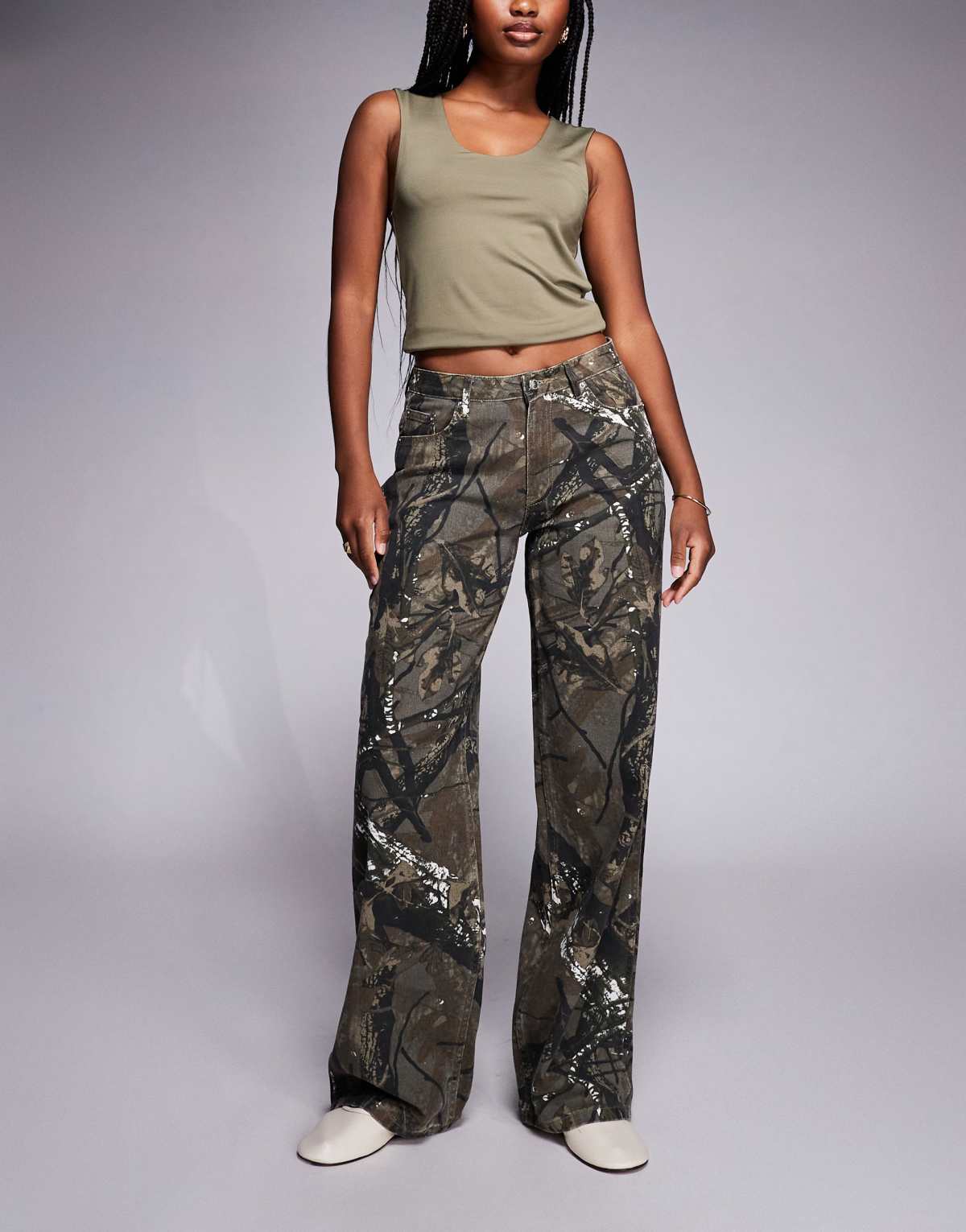 Princess Polly Raiders wide leg jeans in khaki camouflage leaf print