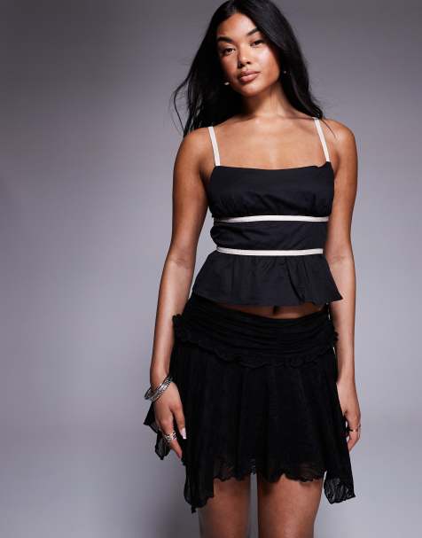 Princess Polly Rainier contrast cotton strap tie open back cami top in black