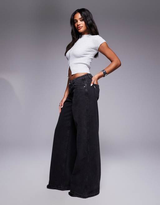 Princess Polly - Ramos - Lavtaljede jeans med vide ben i sort vask, 3 af 5