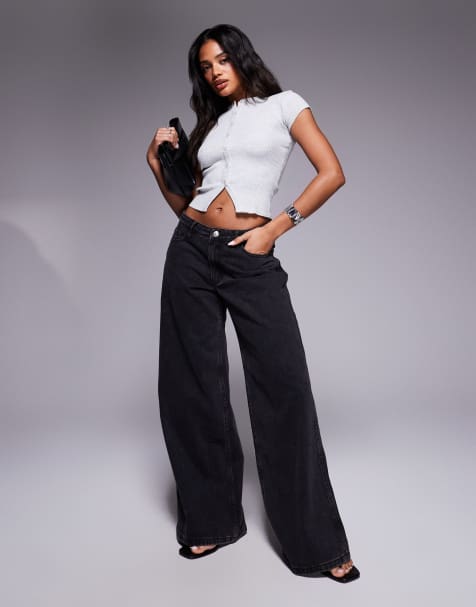 Princess Polly Ramos low rise wide leg jeans in washed black - view 1
