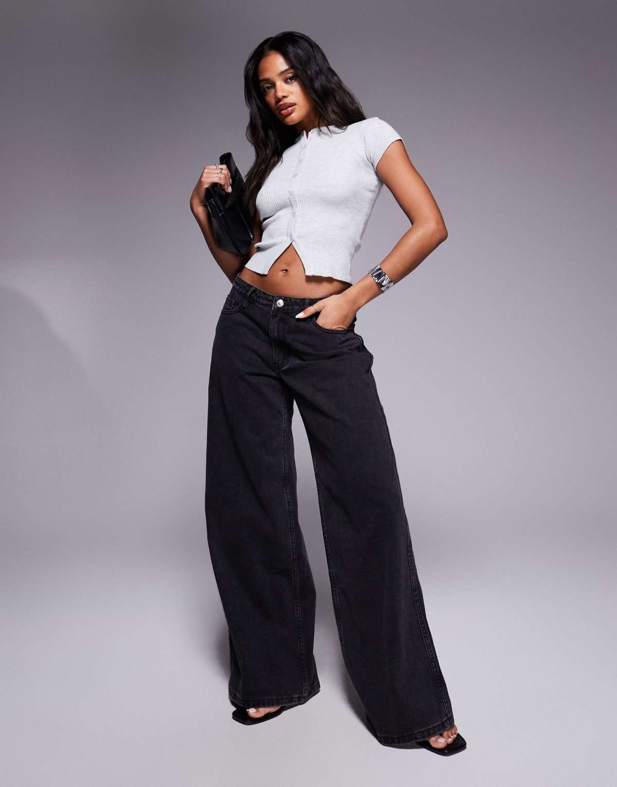 Princess Polly Ramos low rise wide leg jeans in washed black