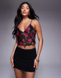 [Princess Polly] Princess Polly Raphalee mesh lettuce edge hem cami top in black floral-Multi 16 Black / red floral
