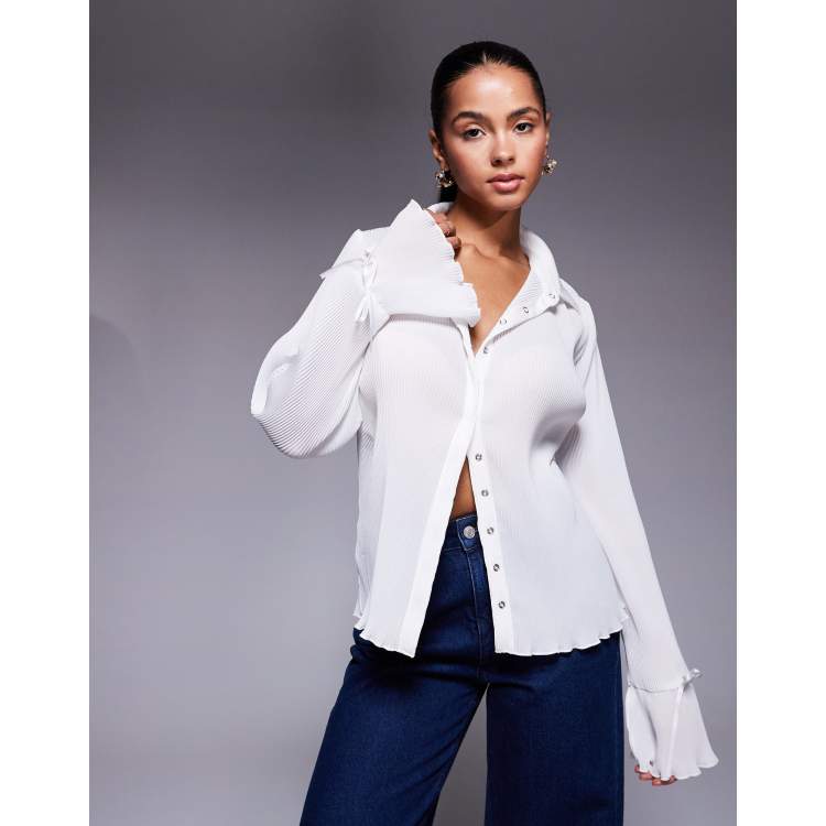 Princess Polly Ravil sheer ribbed tie flare sleeve shirt in white