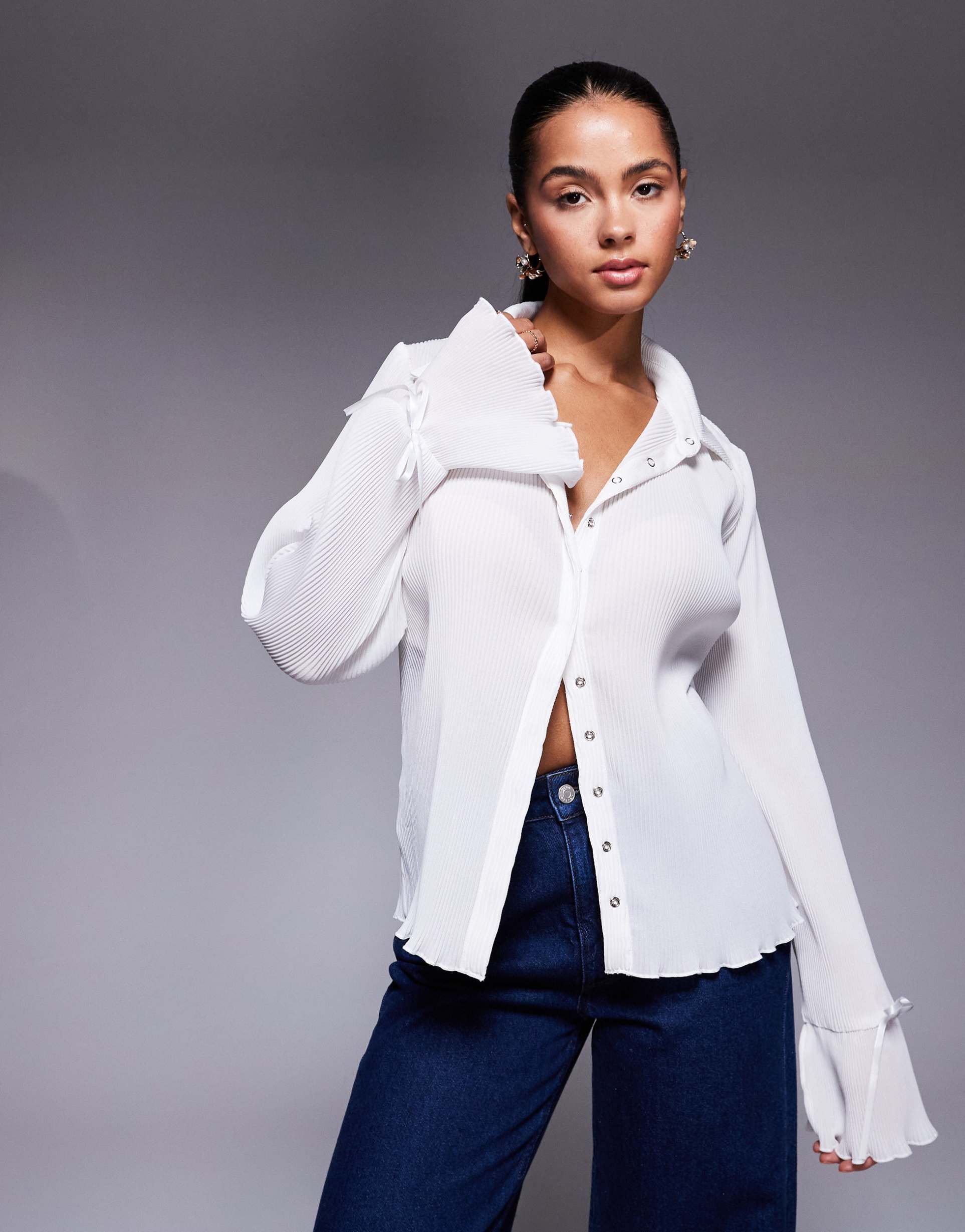 princess polly ravil sheer ribbed tie flare sleeve shirt in white