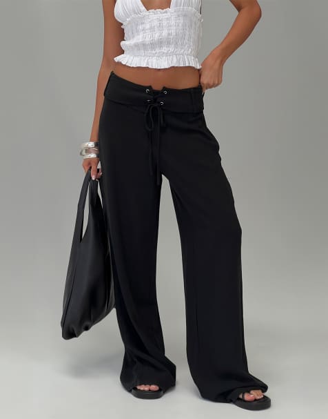 Princess Polly Raymonde linen blend removable belt wide leg trousers in black