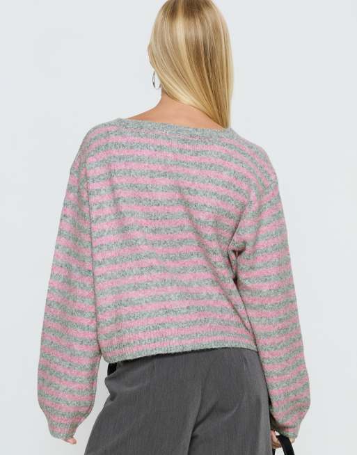 Princess Polly Rayna button through cardigan in pink & grey stripe, 3 of 4