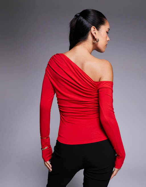 Princess Polly - Rød asymmetrisk tætsiddende offshoulder-top med lange ærmer, 2 af 4
