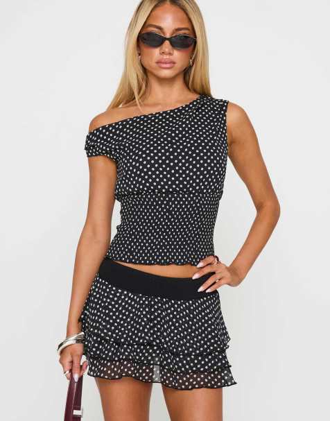 Princess Polly - Ready To Party - Gonna pantalone a vita medio alta con vita elasticizzata e fondo a balze nero a pois in coordinato - view 1