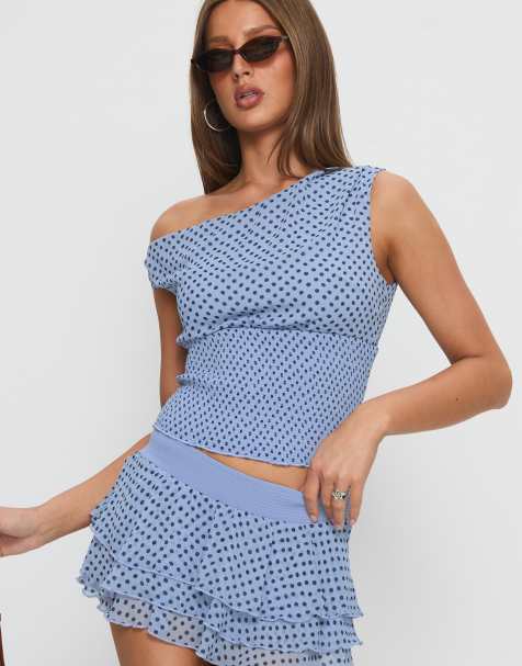 Princess Polly - Ready To Party - Top blu a pois con spalle asimmetriche e vita arricciata in coordinato - view 1