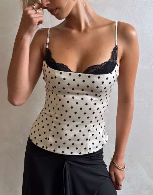 Princess Polly Renaissance lace bust detail structured cami top in white polka dot, 2 of 4