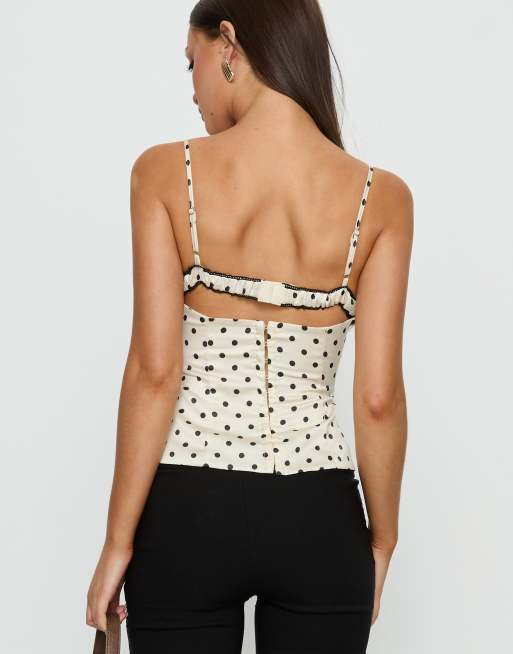 Princess Polly Renaissance lace bust detail structured cami top in white polka dot, 3 of 4