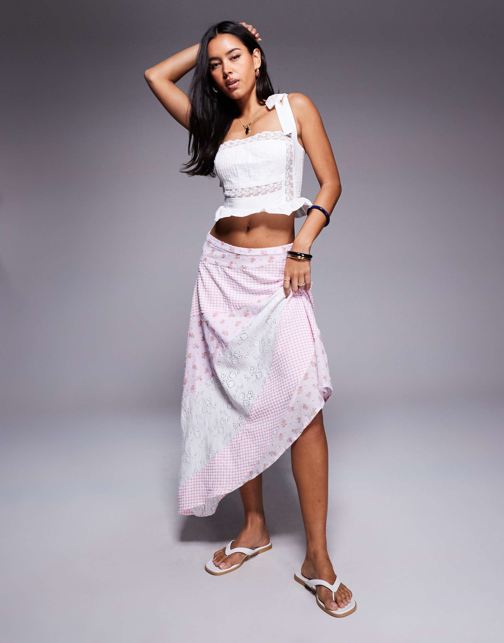 princess polly rennar asymmetric hem patchwork maxi skirt in pink and white print