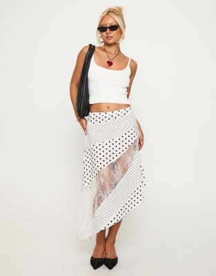 Princess Polly Rennar contrast panel asymmetric hem maxi skirt in white polka dot