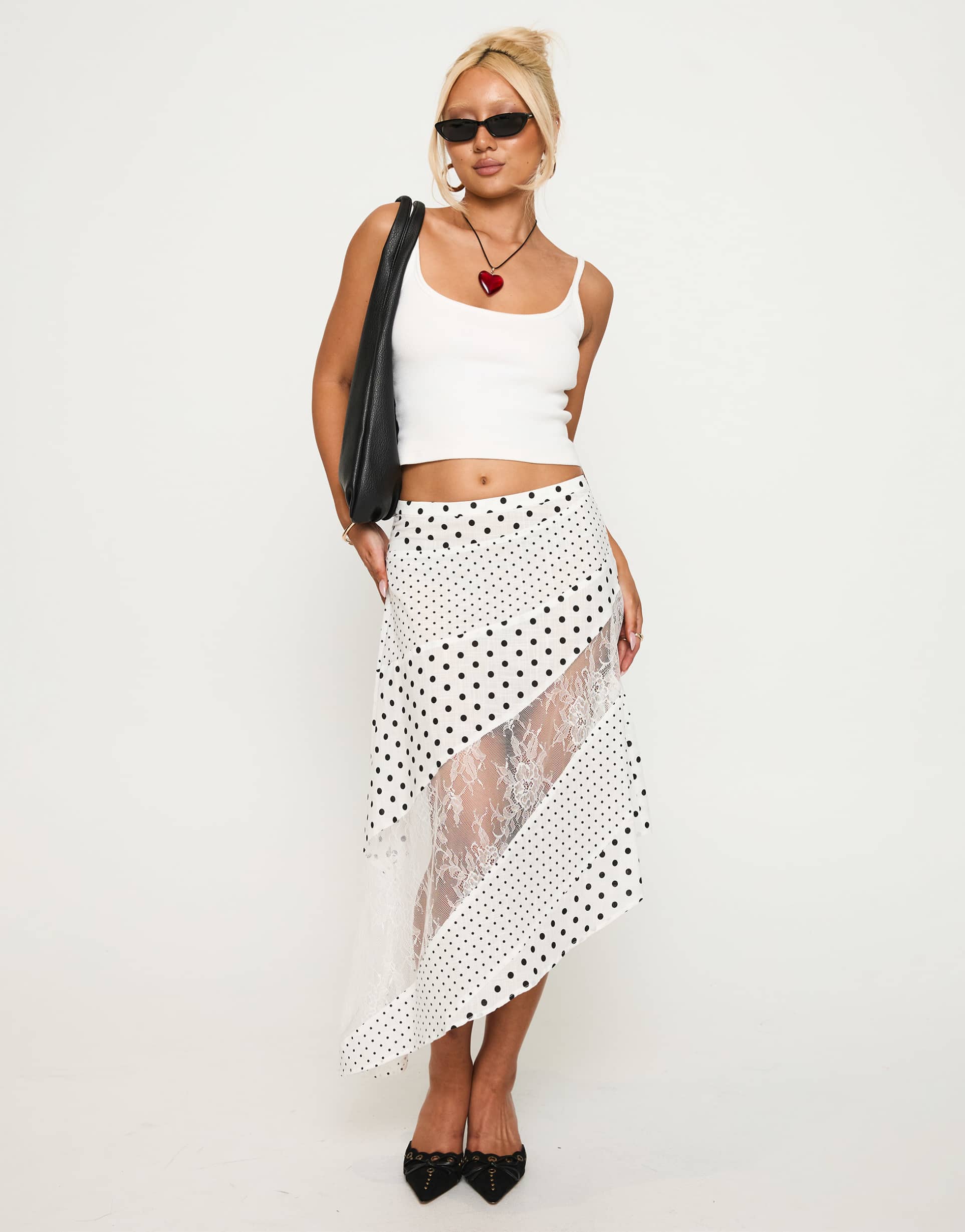 princess polly rennar contrast panel asymmetric hem maxi skirt in white polka dot