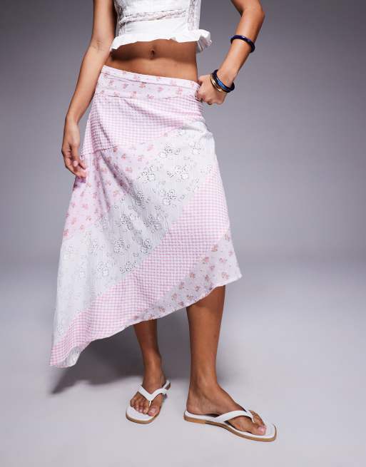 Princess Polly Rennar cotton rich asymmetric hem patchwork maxi skirt in pink and white print