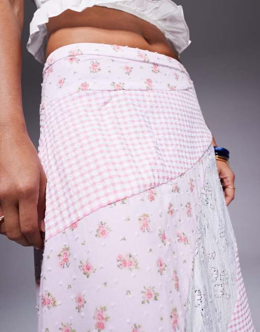 Princess Polly Rennar cotton rich asymmetric hem patchwork maxi skirt in pink and white print