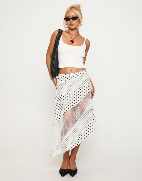 Princess Polly – Rennar – Maxirock in Weiß mit Polka Dots, kontrastierendem Einsatz und asymmetrischem Saum - view 1