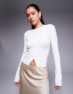 rib knit button up top in white