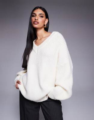 rib knit oversized v neck sweater in cream-White