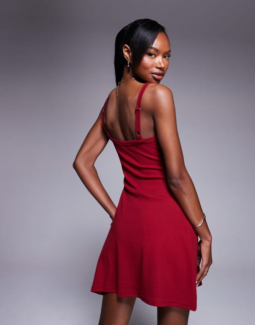Princess Polly ribbed button front mini dress in burgundy | ASOS