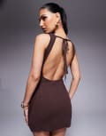 [Princess Polly] Princess Polly ribbed high neck open tie back mini dress in chocolate-Brown 6 Chocolate