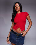 [Princess Polly] Princess Polly ribbed knit button through top in red 16 RED