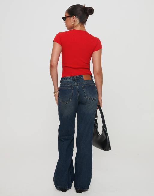 Princess Polly ribbed knit button through top in red, 2 of 4