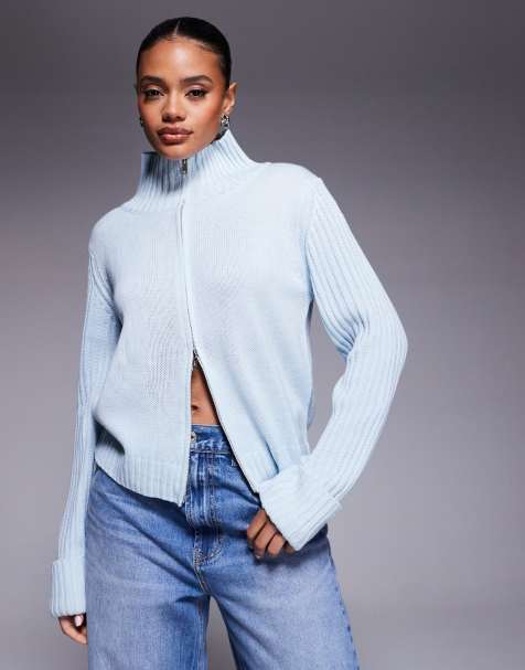 Princess Polly ribbed knit double zip through cardigan in baby blue - view 1