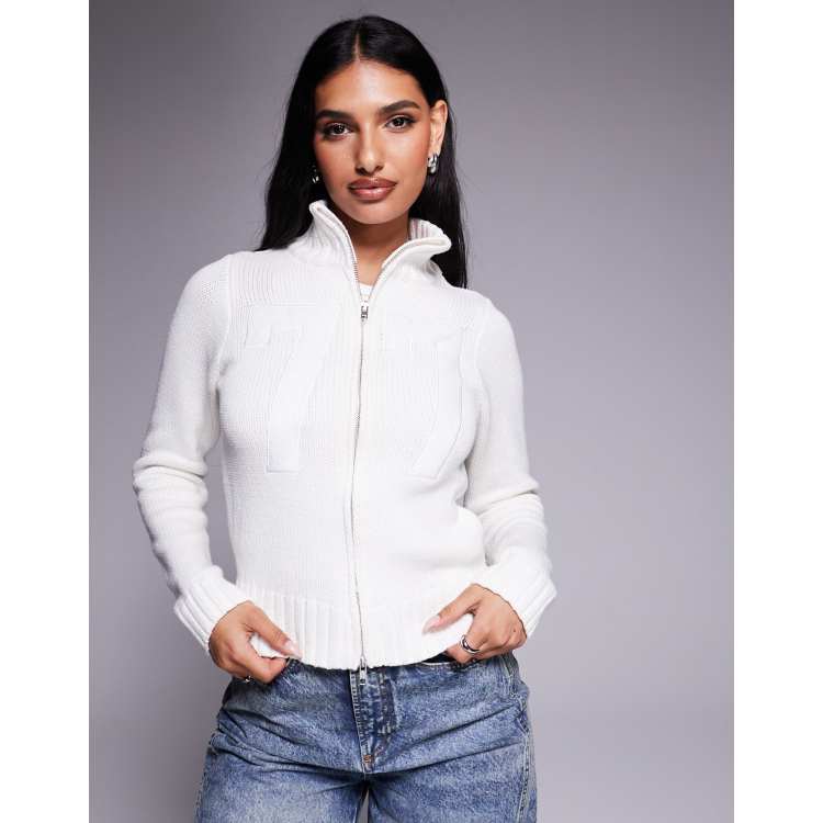 Princess Polly ribbed knit high neck zip up cardigan in white | ASOS